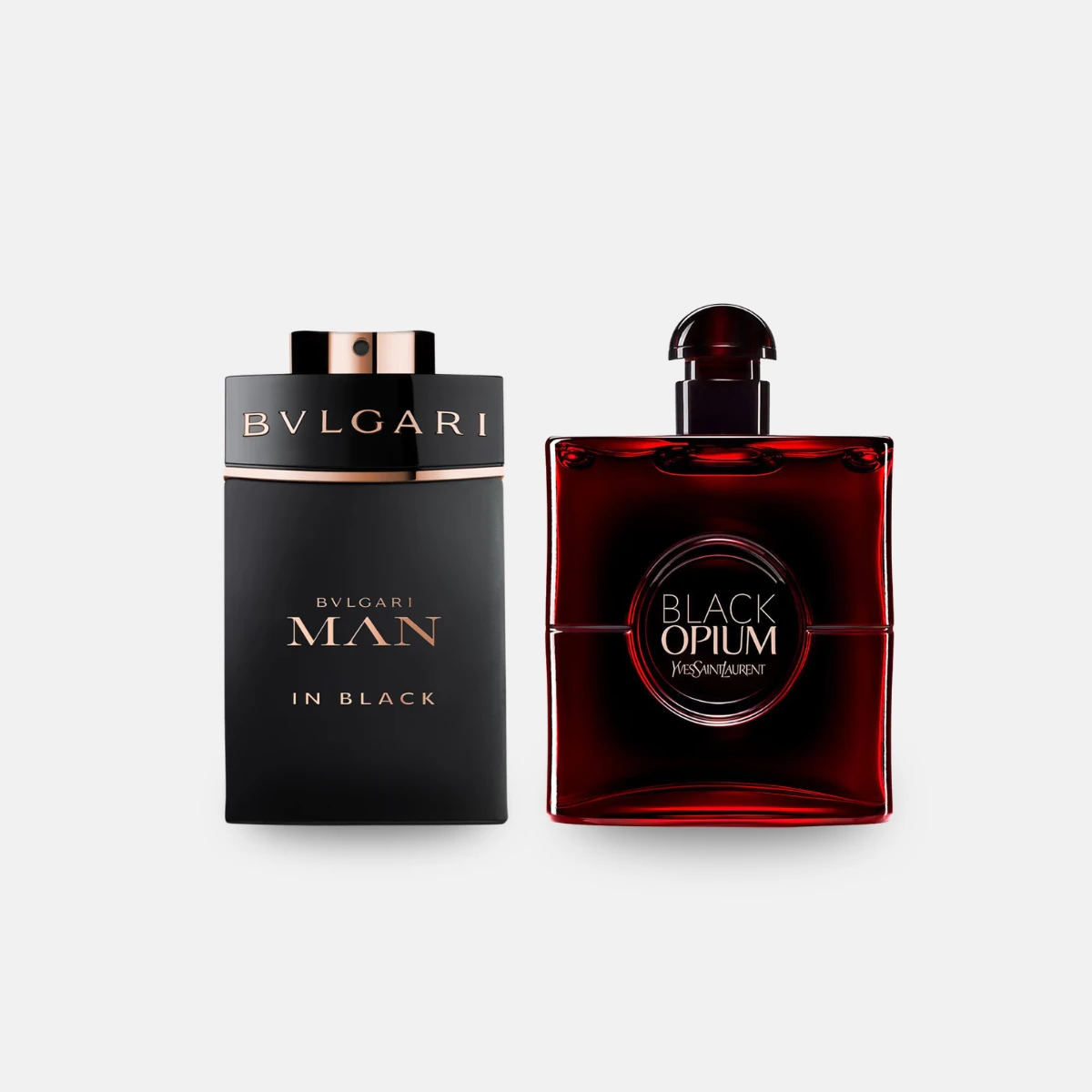 Man in Black and Black Opium Over Red side by side
