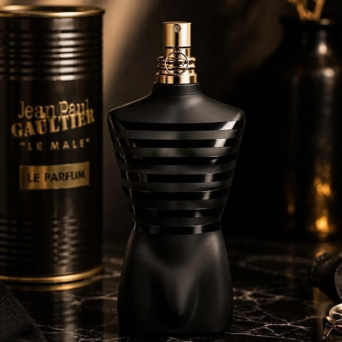 Le Male Le Parfum beside its can